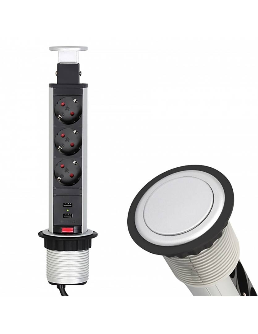 GLAVNA kontakt za vgrazhdane v plot LIFT BOX vertikalen, aluminiy- 3 gnezda shuko + 2 USB
