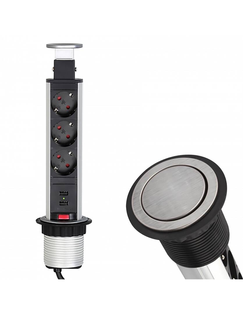 kontakt za vgrazhdane v plot vertikalen, inoks- 3 gnezda shuko + 2 USB 3